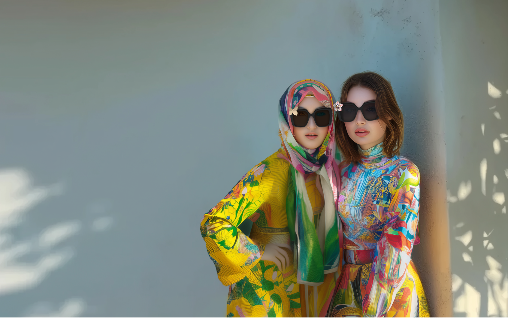 Two women pose against a soft blue wall wearing oversized black sunglasses with floral and butterfly charms. One wears a vibrant patterned hijab and yellow dress, while the other sports a colorful high-neck dress.