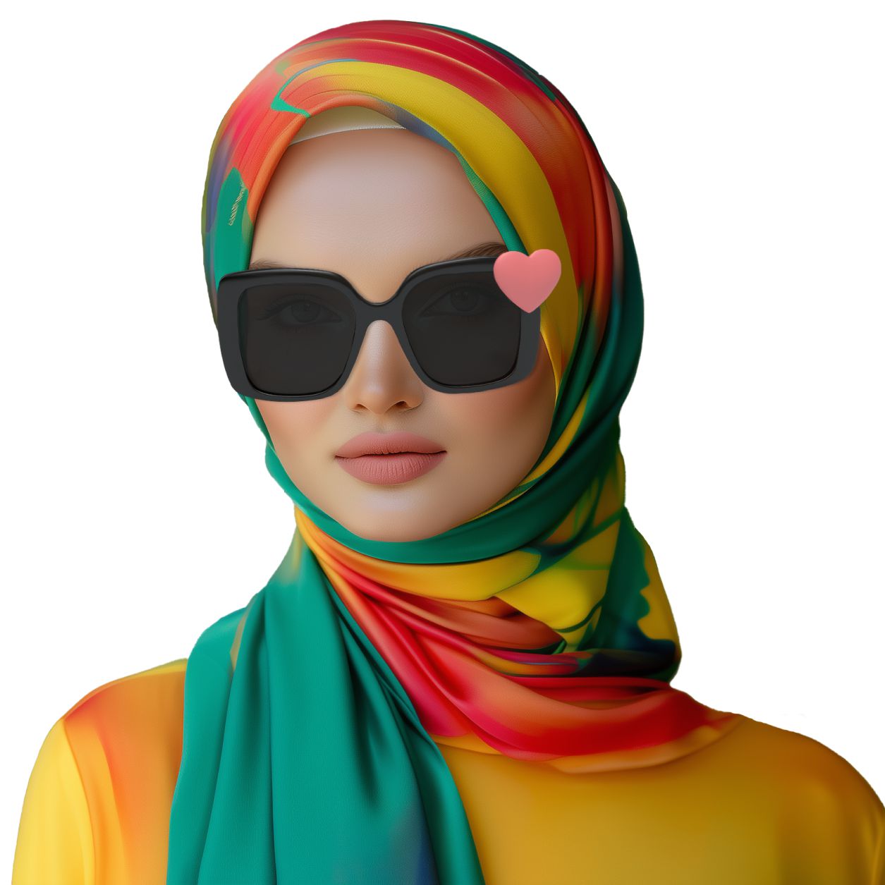 Middle Eastern woman wearing a hijab and a pair of black sunglasses with a pink heart-shaped charm on the front right side