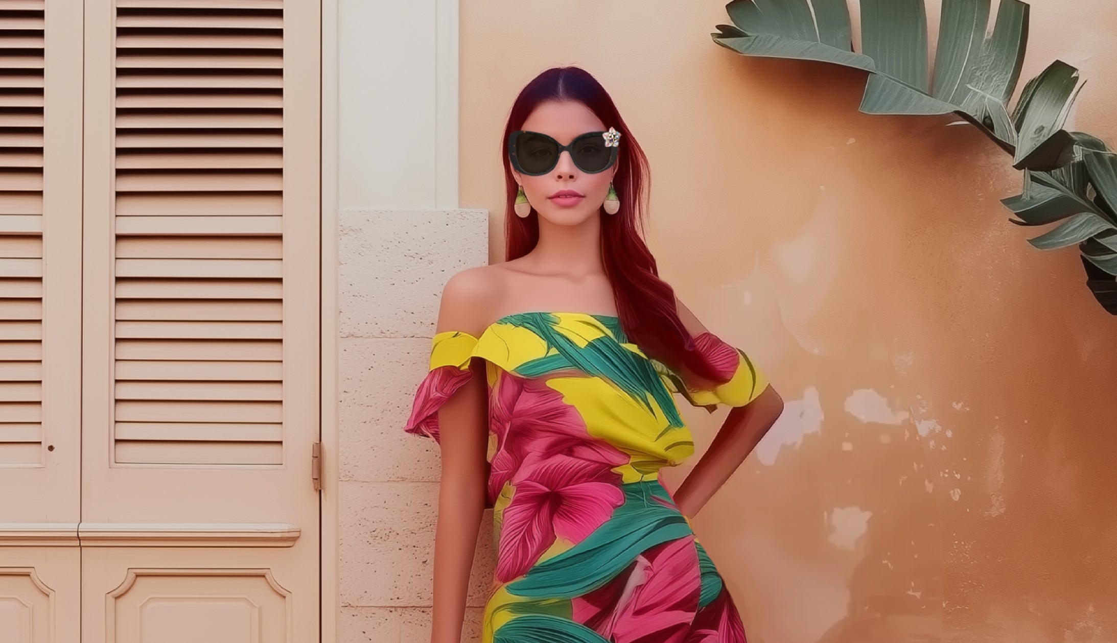 A woman poses against a pastel wall wearing oversized black sunglasses with a floral charm, a vibrant off-shoulder dress featuring bold pink and yellow tropical patterns, and statement drop earrings.