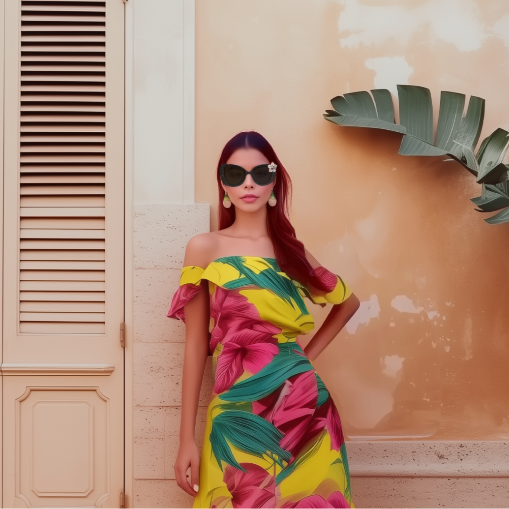 A woman poses against a textured peach wall wearing oversized black sunglasses with a floral charm, a vibrant yellow and pink tropical-patterned off-shoulder dress, and green drop earrings.