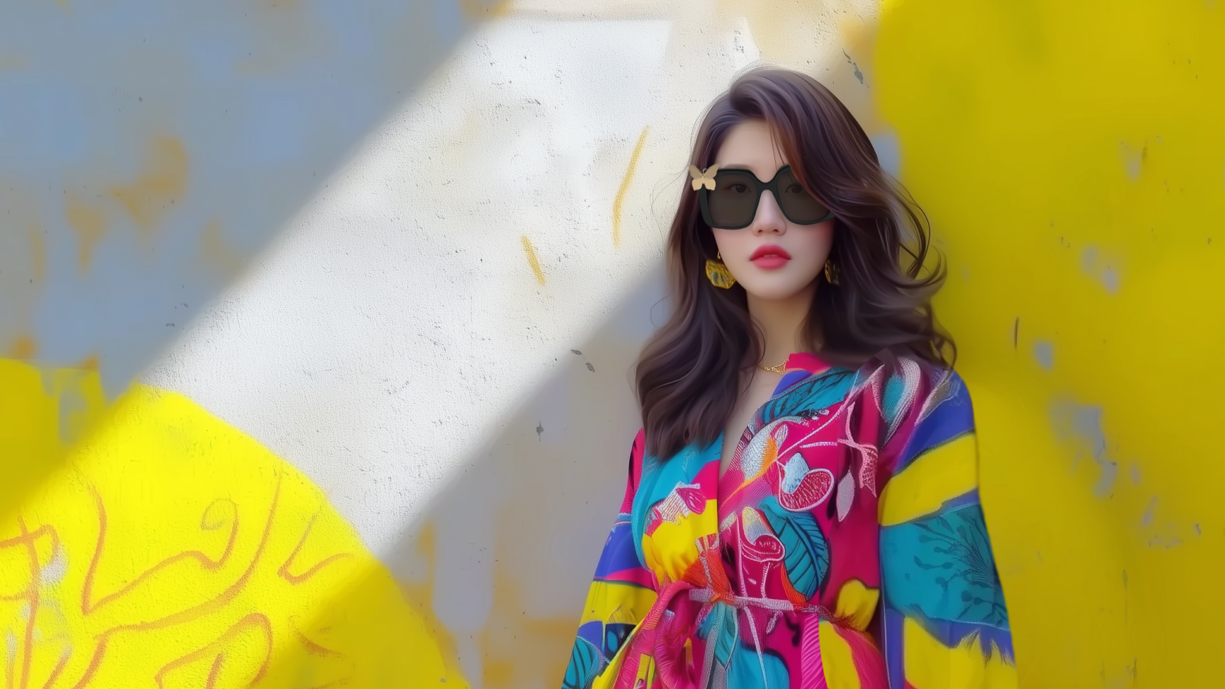 A woman with long black hair stands against a vibrant yellow and blue wall, wearing oversized black sunglasses with a butterfly charm, a colorful patterned dress, and gold statement earrings.