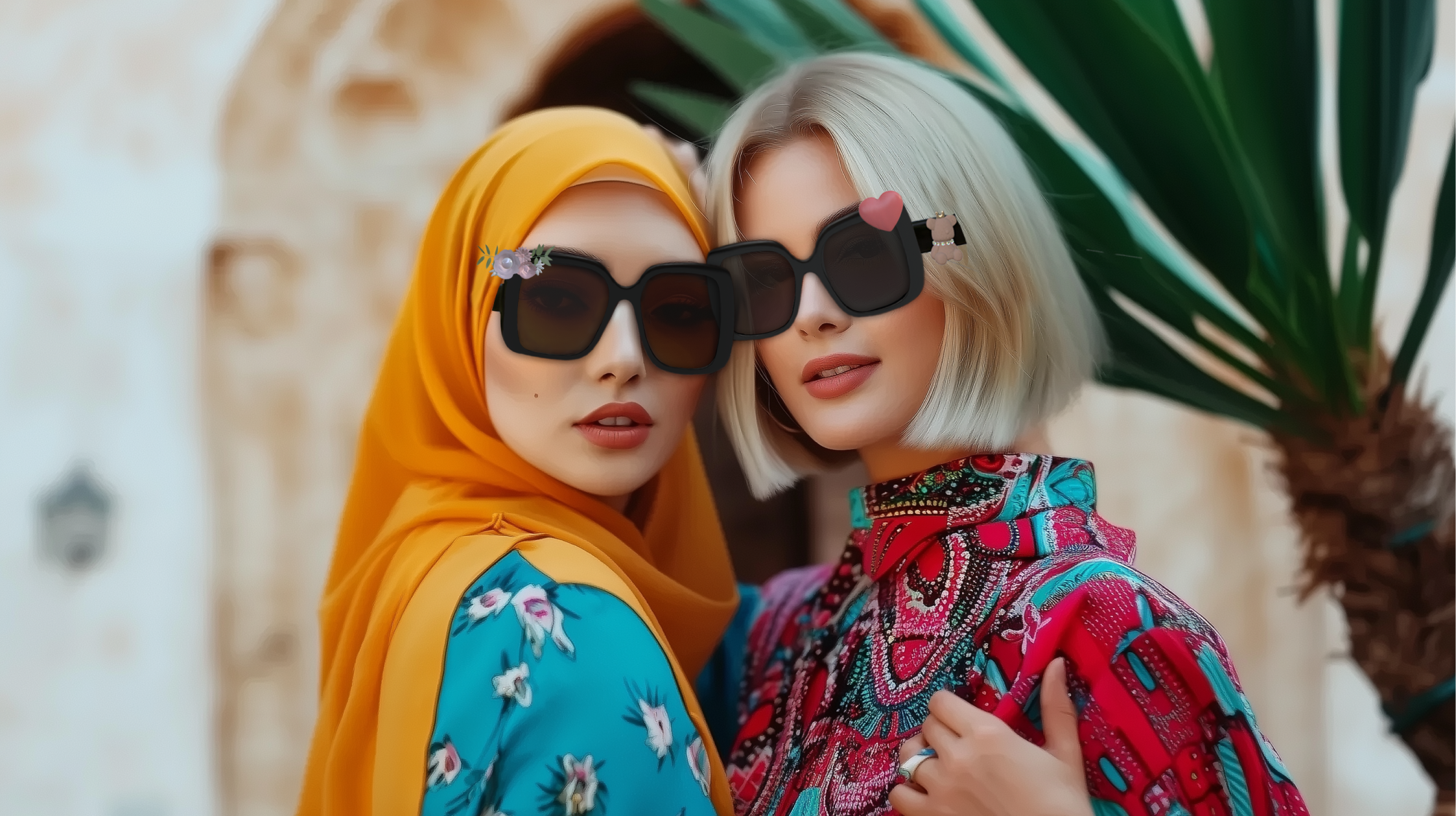 Two women pose outdoors wearing oversized black sunglasses with decorative charms. One features floral accents and pairs with a mustard hijab and floral top, while the other has a pink heart and teddy bear charm styled with a patterned red blouse.