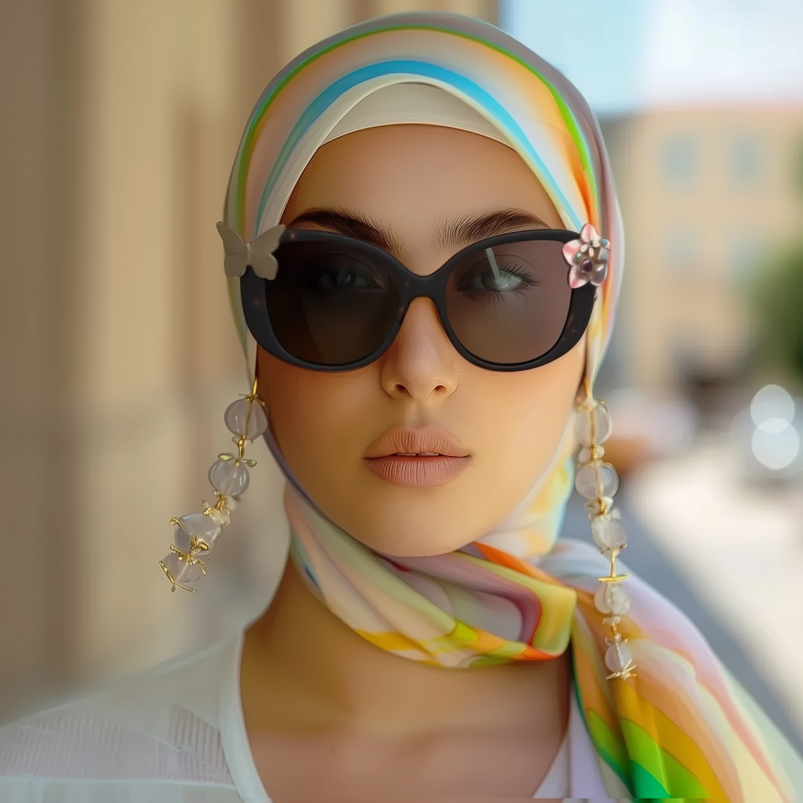 A woman wearing oversized black sunglasses with butterfly and floral charms, paired with a colorful striped hijab and dangling statement earrings featuring transparent beads.