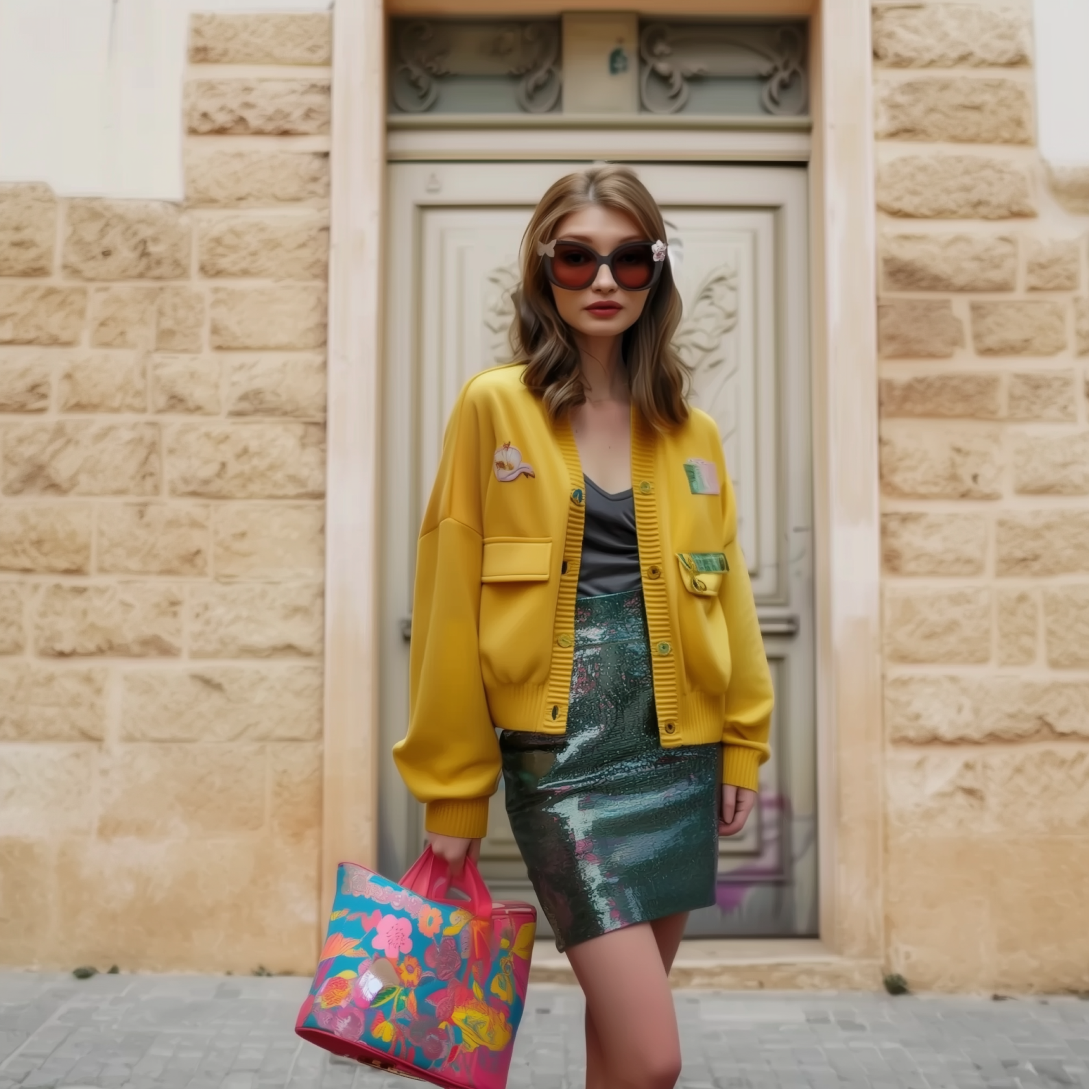 A woman stands confidently in front of an ornate door wearing oversized black sunglasses with two charms, one floral and the other a golden butterfly, a bright yellow cardigan, a shimmering green skirt, and holding a vibrant floral tote bag.